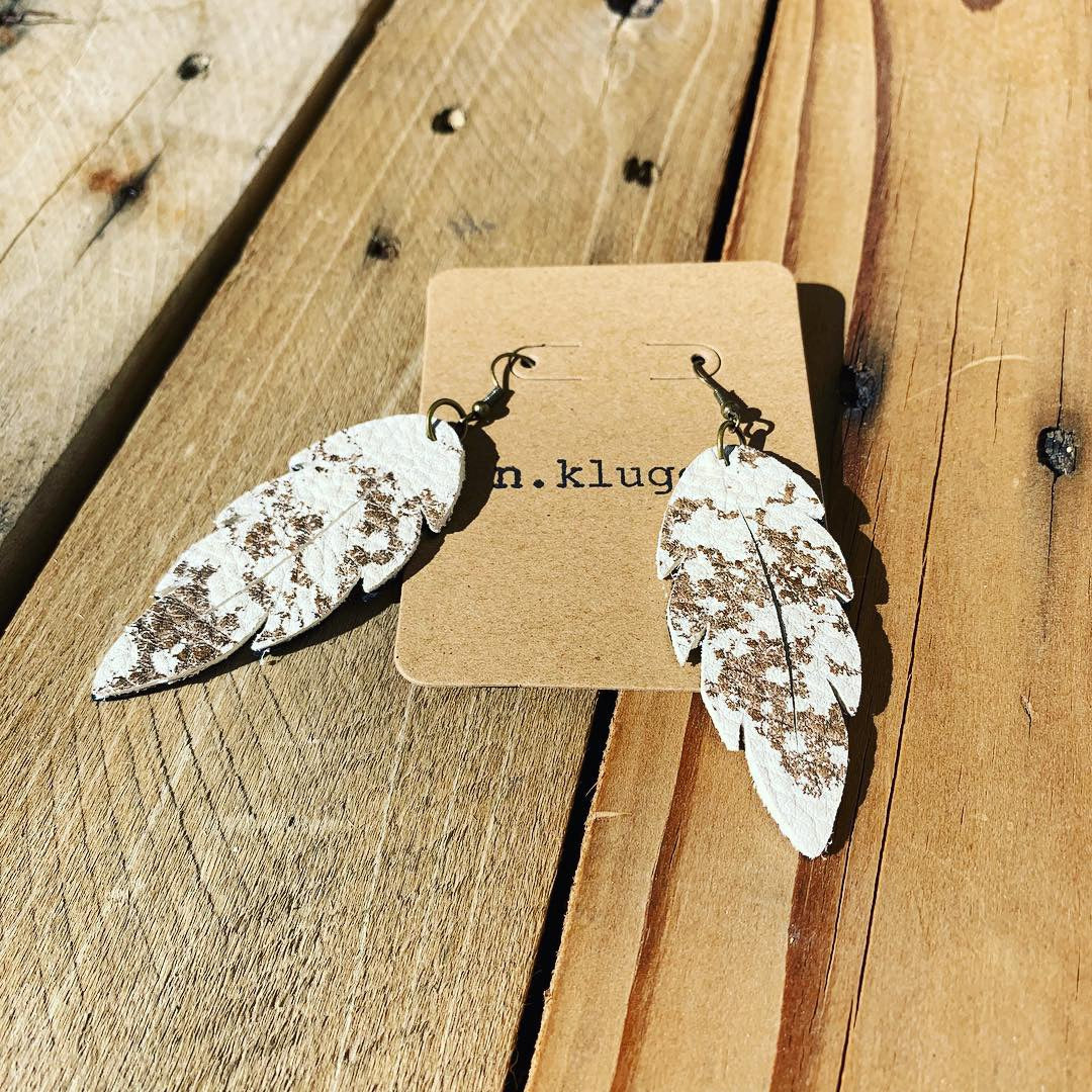Speckled Cow Print Leather Feather Earrings