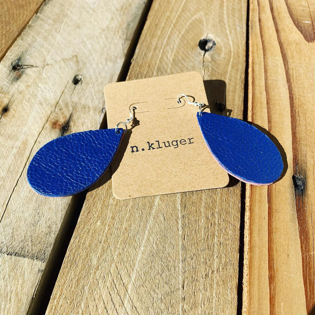 Retro Royal Blue Leather Teardrop Earrings with Pink Back