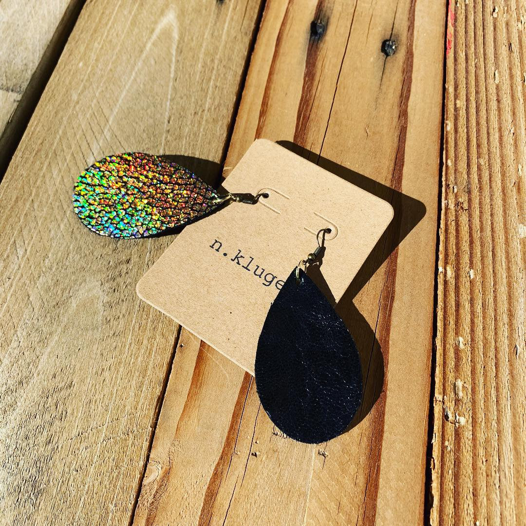 Sexy Black Leather Drop Earrings with Gold Mermaid Back