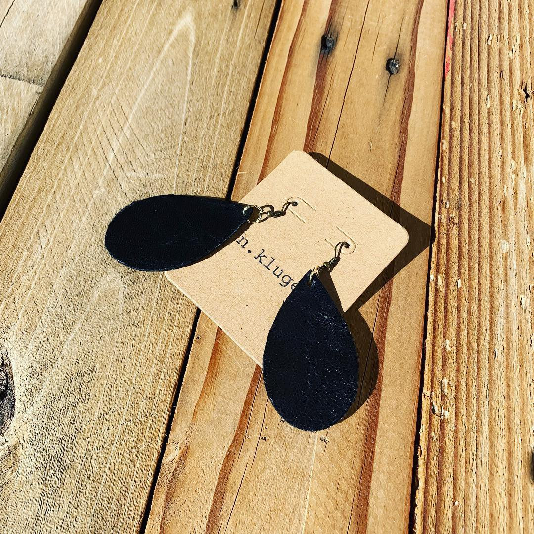 Sexy Black Leather Drop Earrings with Gold Mermaid Back
