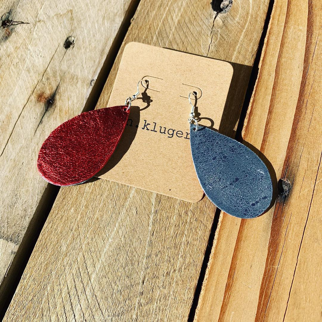 Distressed Grey & Metallic Red Leather Drop Earrings - N.Kluger Designs Earrings