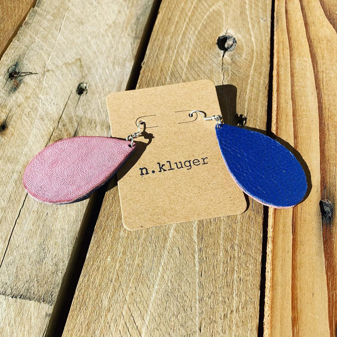Retro Royal Blue Leather Teardrop Earrings with Pink Back