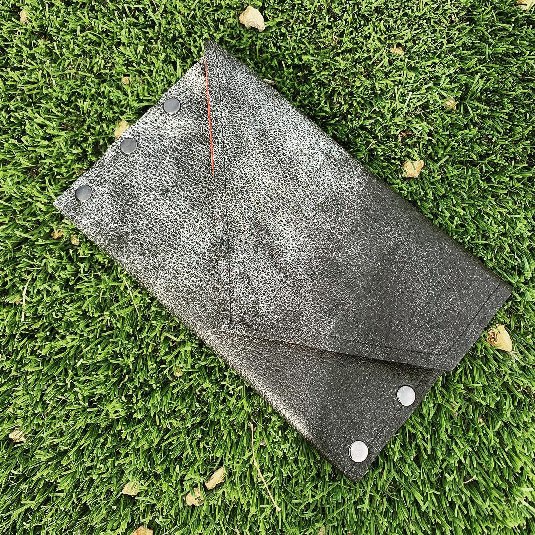 Rock Star Gunmetal Leather Clutch with Red Glitter Metallic Interior