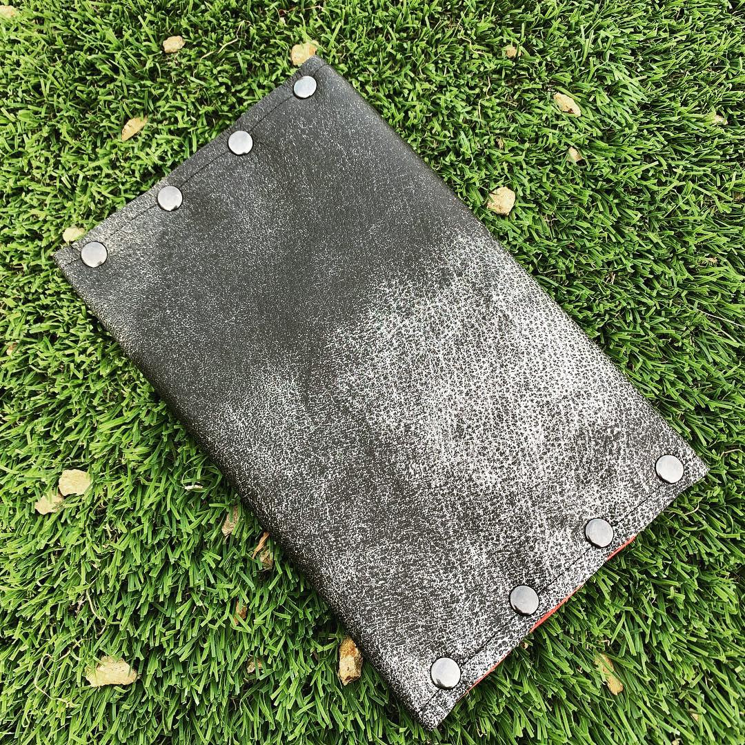 Rock Star Gunmetal Leather Clutch with Red Glitter Metallic Interior