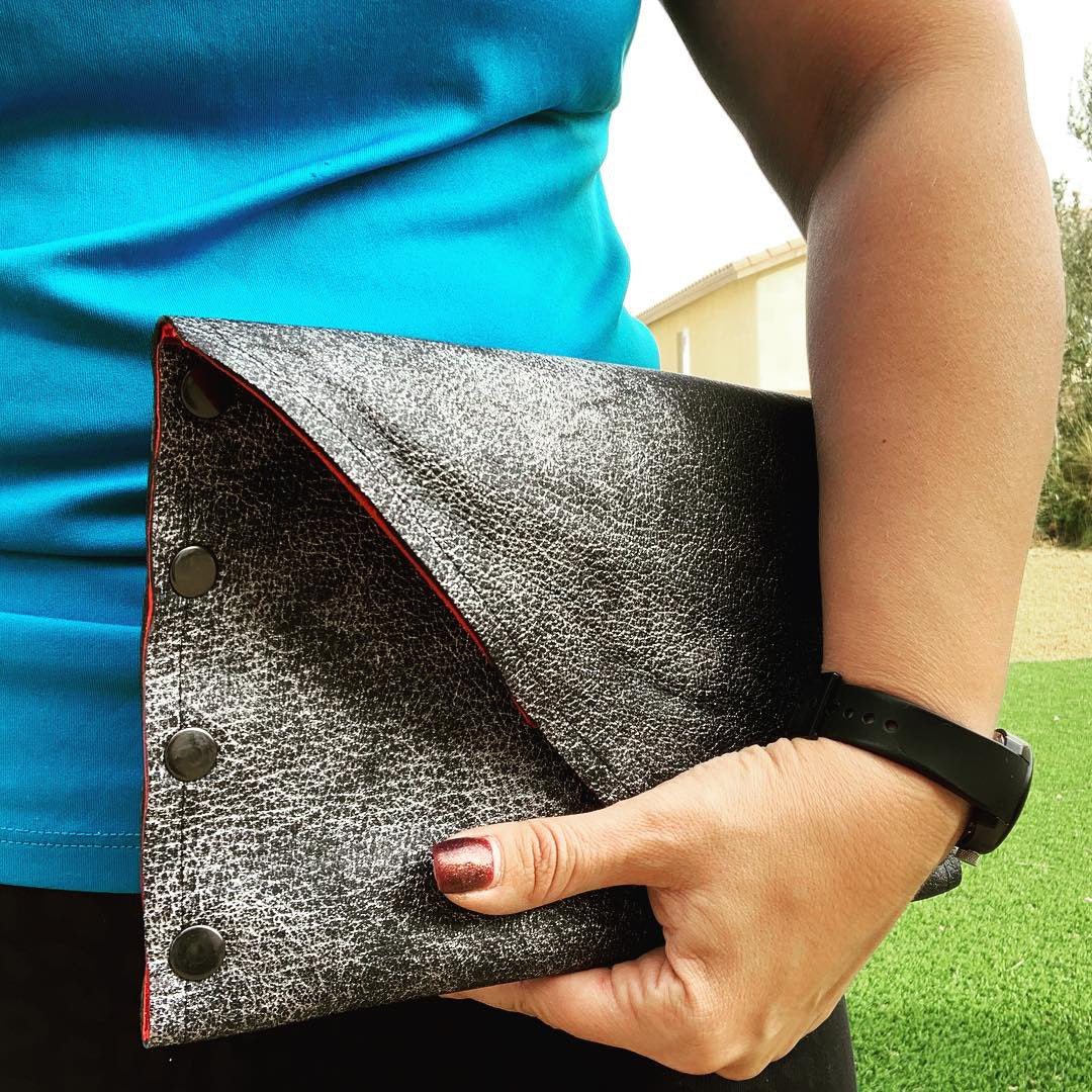 Rock Star Gunmetal Leather Clutch with Red Glitter Metallic Interior
