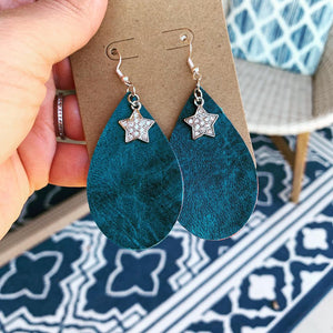 Distressed Teal Leather Drop Star Earrings with Red Glitter Backside - N.Kluger Designs Earrings