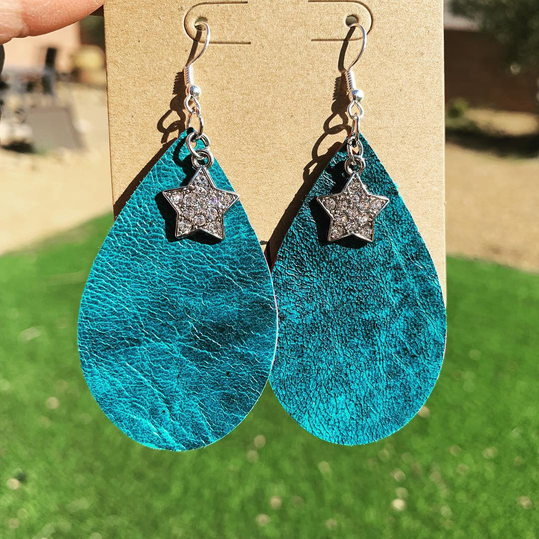 Distressed Teal Leather Drop Star Earrings with Red Glitter Backside - N.Kluger Designs Earrings
