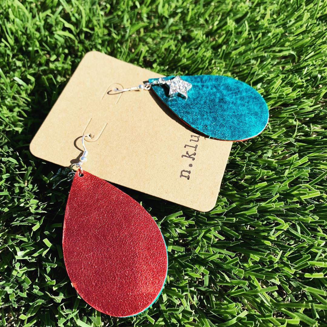 Distressed Teal Leather Drop Star Earrings with Red Glitter Backside - N.Kluger Designs Earrings