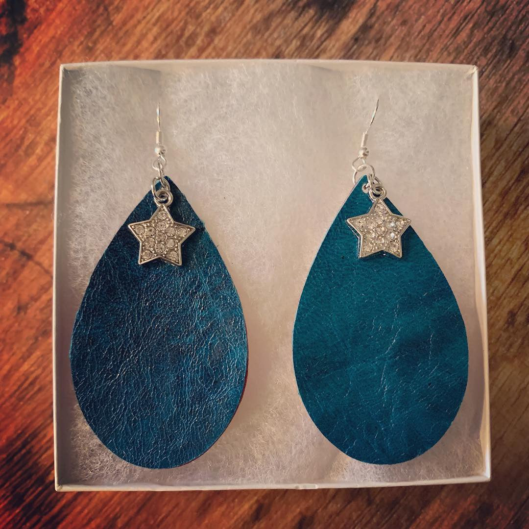 Distressed Teal Leather Drop Star Earrings with Red Glitter Backside - N.Kluger Designs Earrings