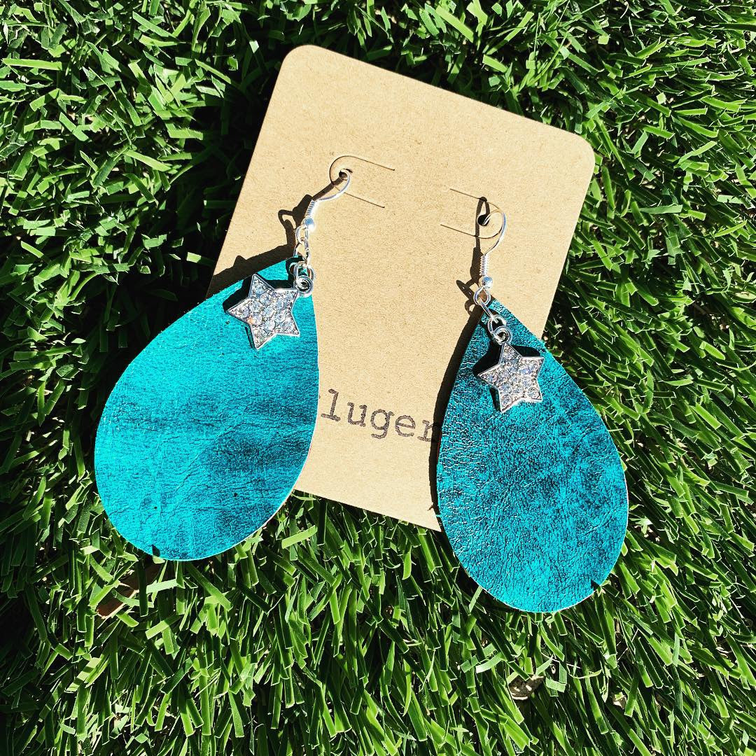 Distressed Teal Leather Drop Star Earrings with Red Glitter Backside - N.Kluger Designs Earrings