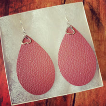 Pink Metallic Leather Drop Love Earrings with Mauve Backside
