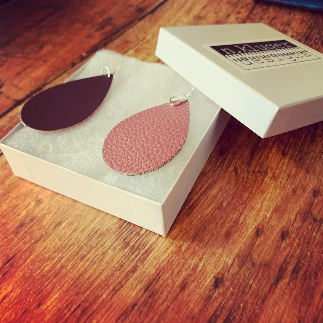 Pink Metallic Leather Drop Love Earrings with Mauve Backside