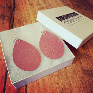 Pink Metallic Leather Drop Love Earrings with Mauve Backside