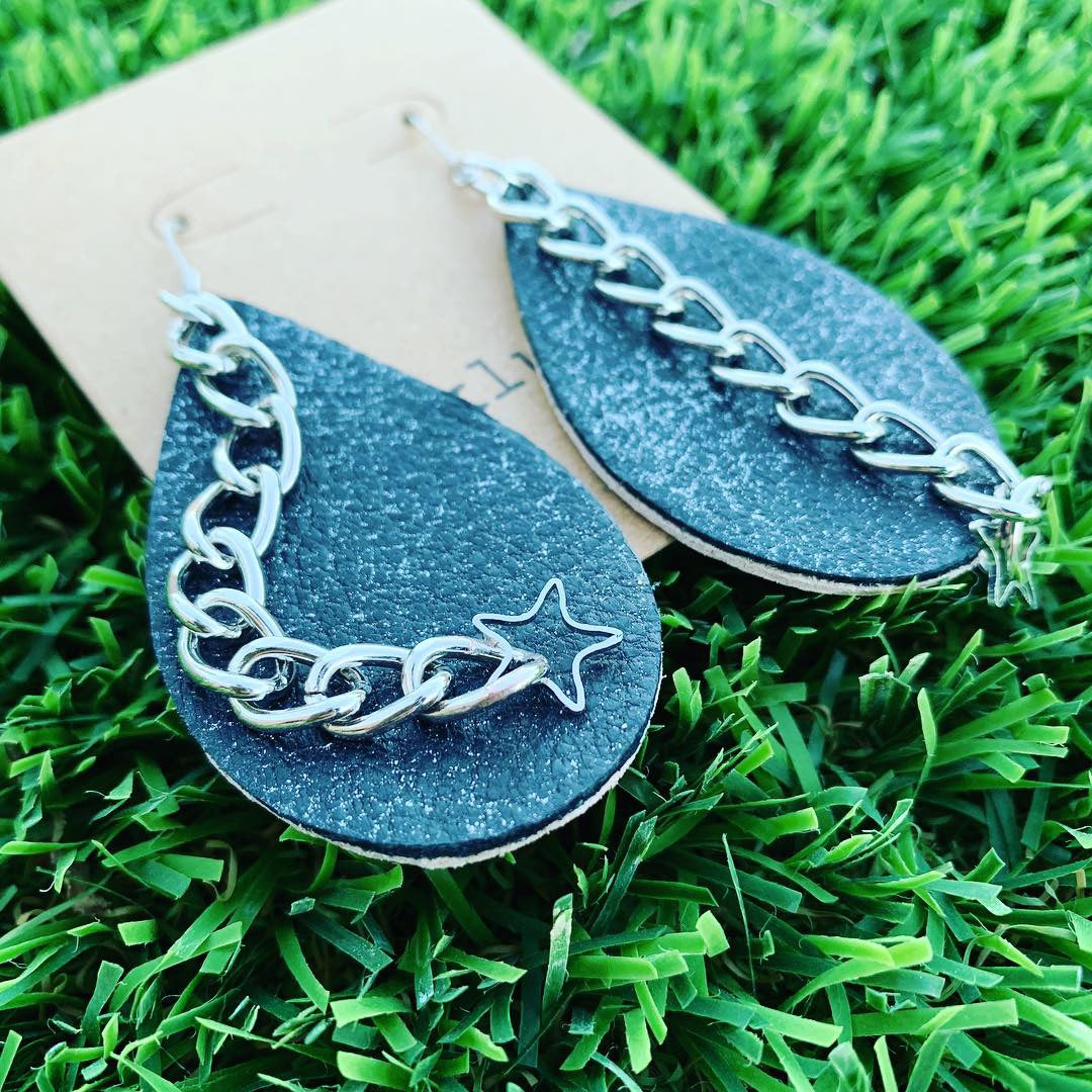 Sparkly Gunmetal Leather Drop Earrings with Chain & Stars