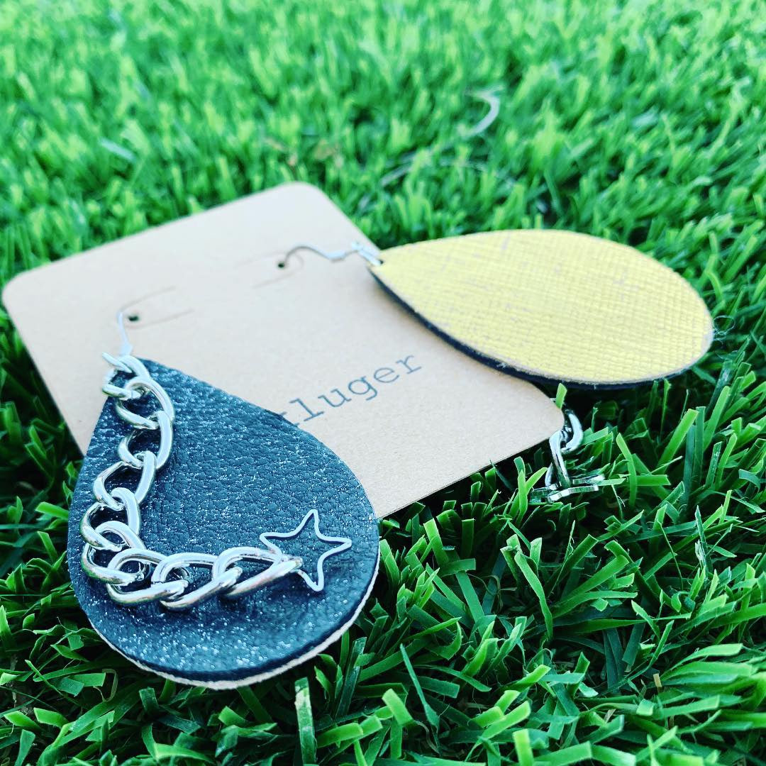 Sparkly Gunmetal Leather Drop Earrings with Chain & Stars