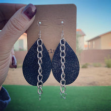 Sparkly Gunmetal Leather Drop Earrings with Chain & Stars