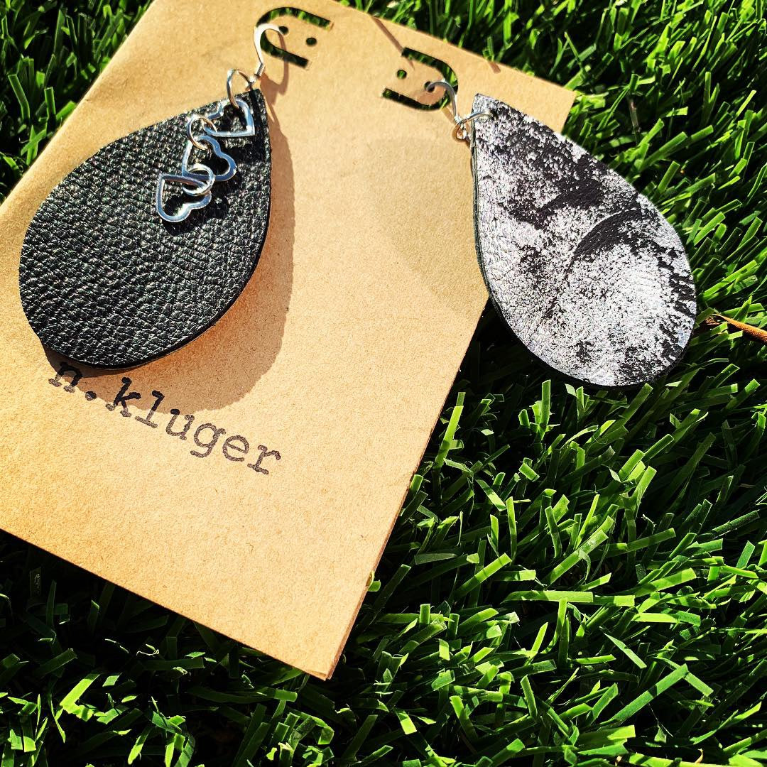 Metallic Gunmetal Leather & Hearts Drop Earrings - N.Kluger Designs Earrings