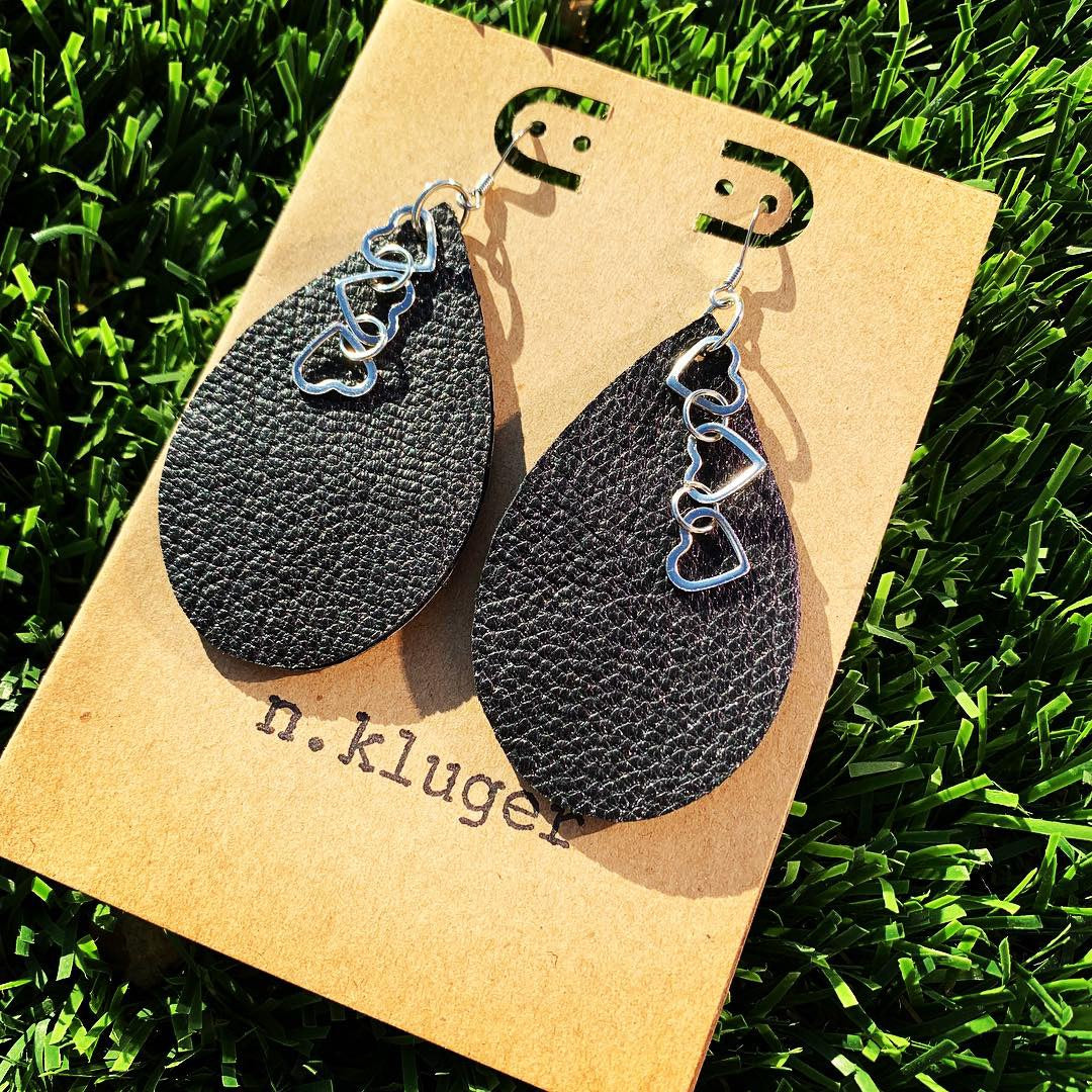 Metallic Gunmetal Leather & Hearts Drop Earrings - N.Kluger Designs Earrings