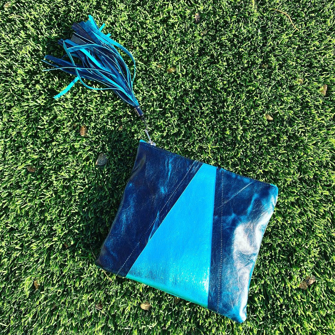 Metallic Aqua & Teal Colorblock Leather Clutch - N.Kluger Designs clutch