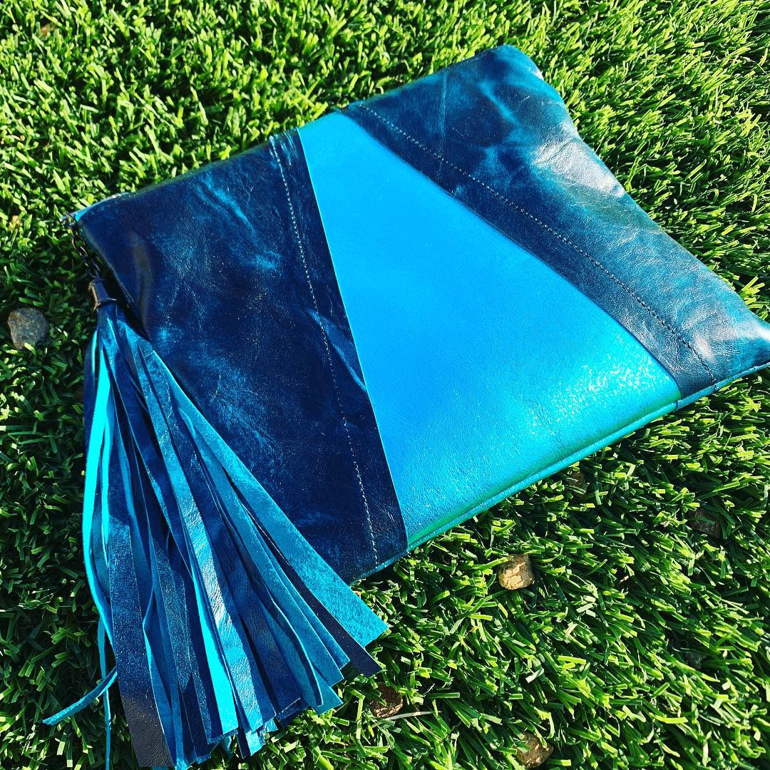 Metallic Aqua & Teal Colorblock Leather Clutch - N.Kluger Designs clutch