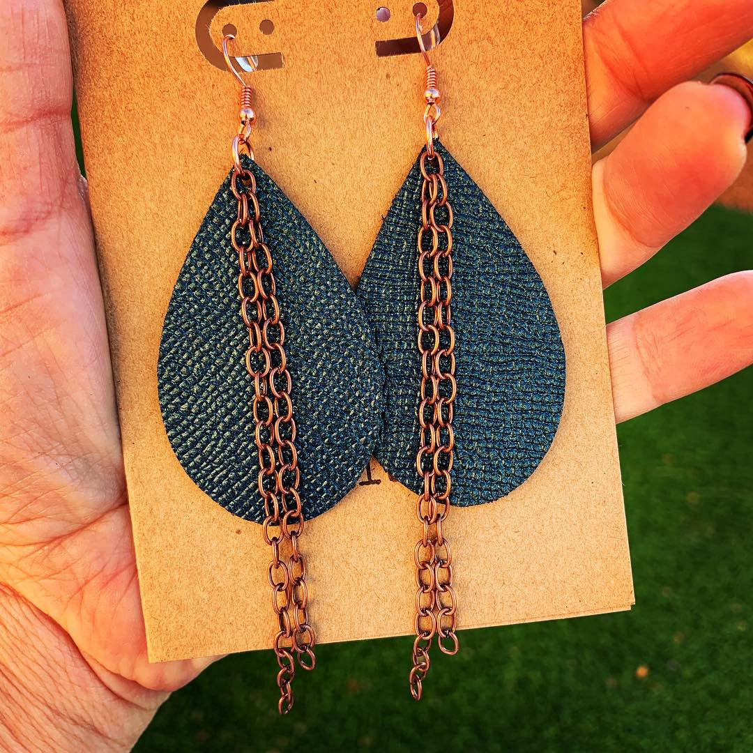 Textured Metallic Teal Leather Drop Earrings with Copper Chain