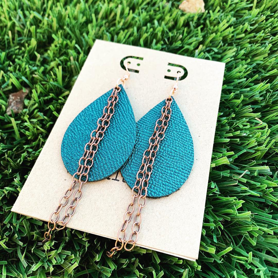 Textured Metallic Teal Leather Drop Earrings with Copper Chain