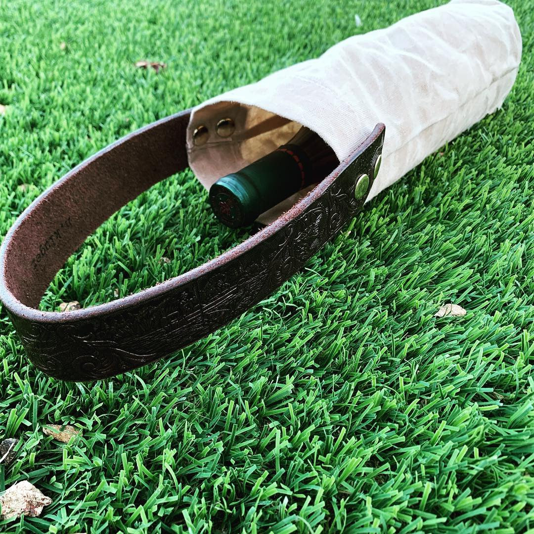 Waxed Canvas Khaki Wine Tote with Leather Strap