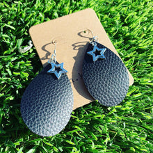 Black Pebbled Leather Drop Star-Studded Earrings