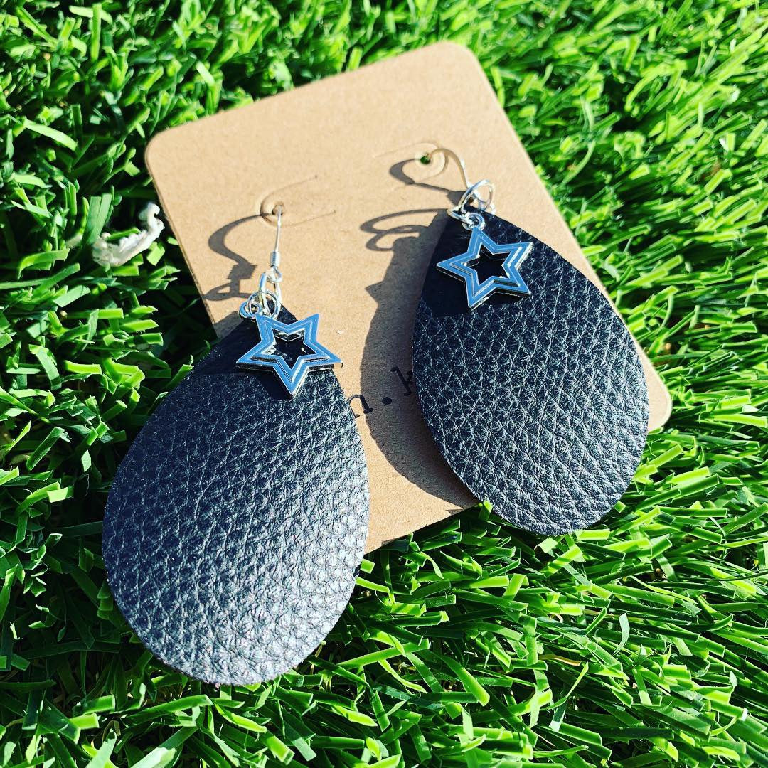 Black Pebbled Leather Drop Star-Studded Earrings - N.Kluger Designs Earrings