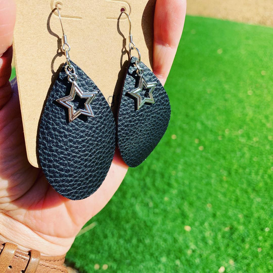 Black Pebbled Leather Drop Star-Studded Earrings - N.Kluger Designs Earrings