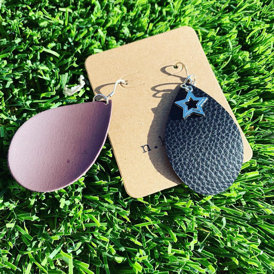 Black Pebbled Leather Drop Star-Studded Earrings - N.Kluger Designs Earrings