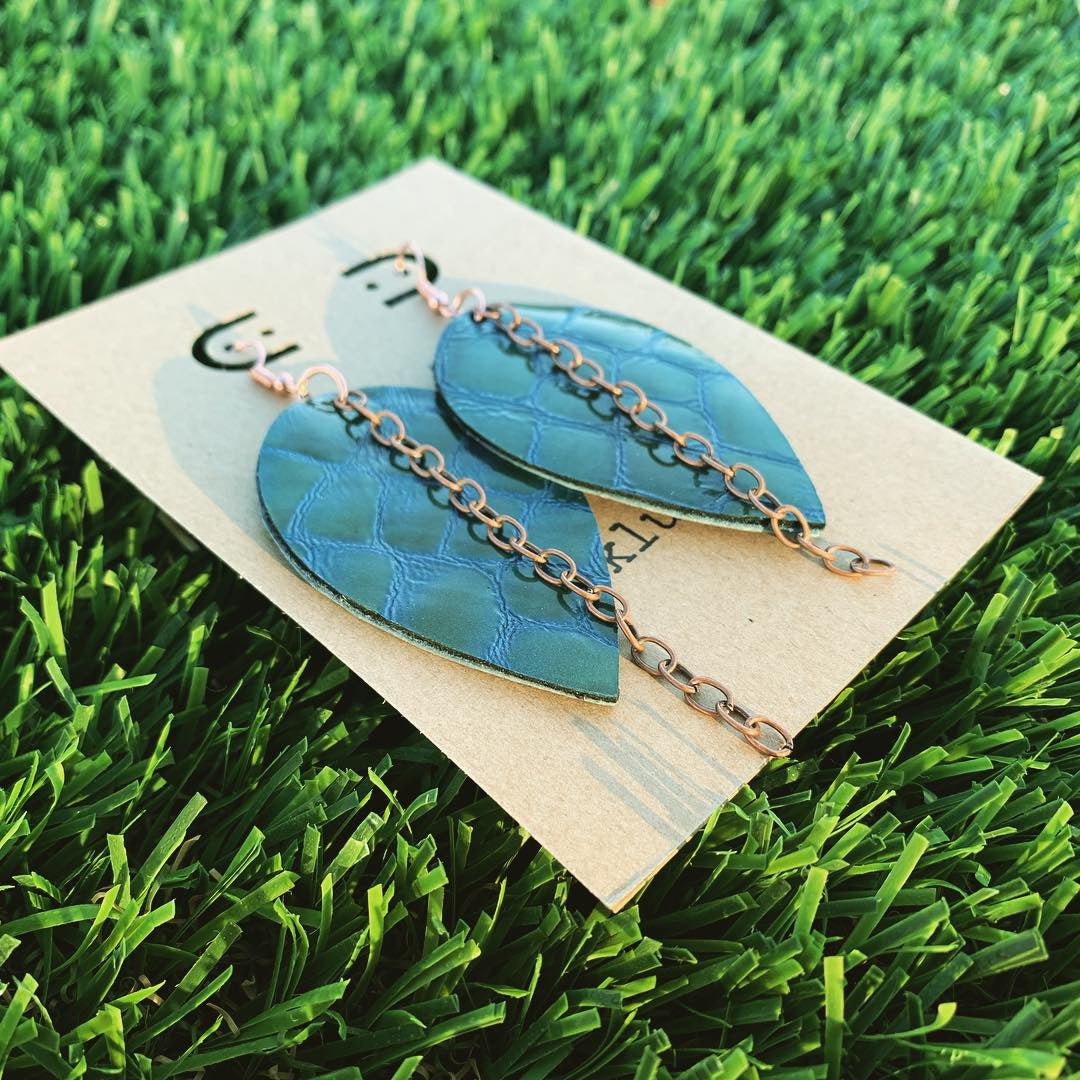 Crocodile Patent Leather Reverse Drop Earrings with Copper Chain - N.Kluger Designs Earrings