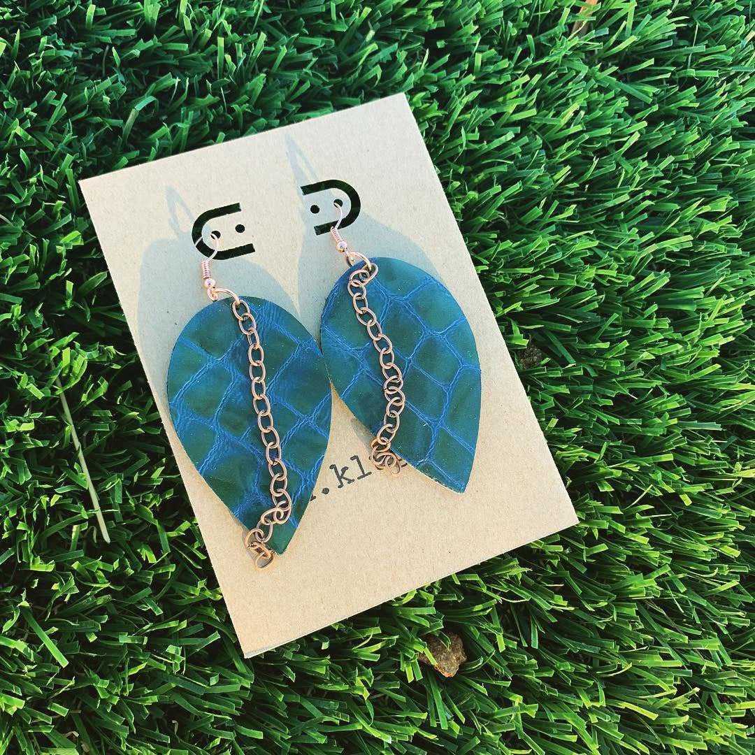 Crocodile Patent Leather Reverse Drop Earrings with Copper Chain - N.Kluger Designs Earrings