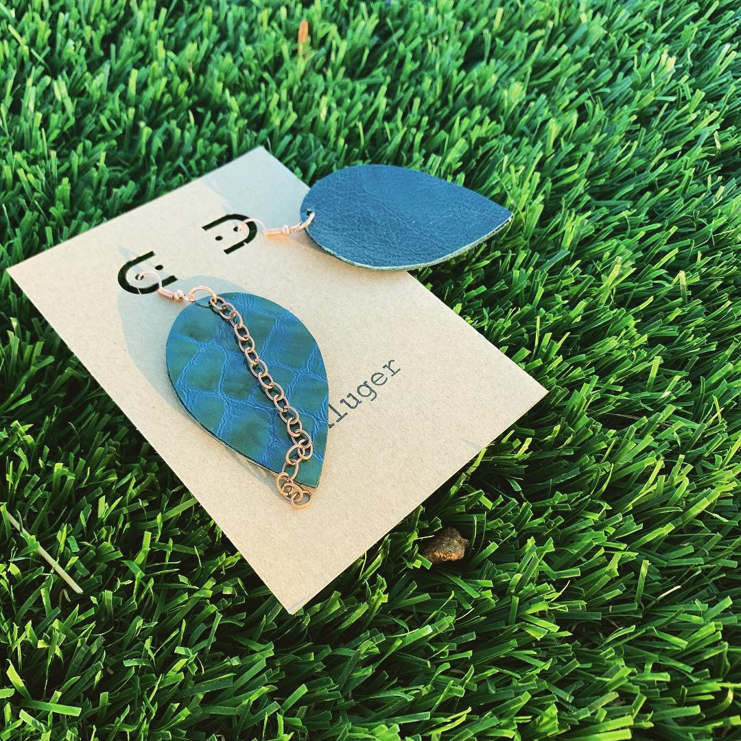 Crocodile Patent Leather Reverse Drop Earrings with Copper Chain - N.Kluger Designs Earrings