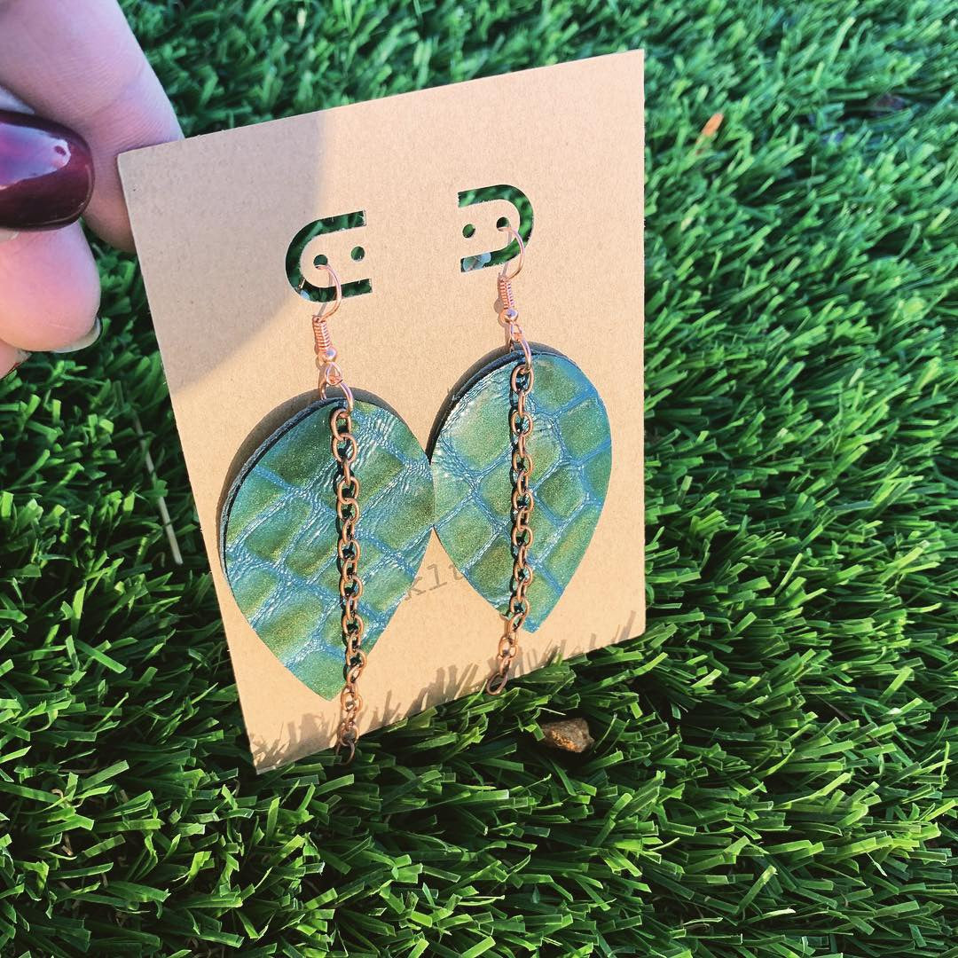 Crocodile Patent Leather Reverse Drop Earrings with Copper Chain - N.Kluger Designs Earrings