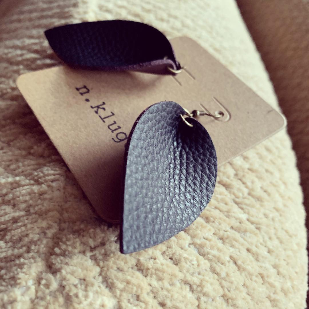 Inspired Black Pebbled Leather Drop Earrings with Mauve Backside - N.Kluger Designs Earrings