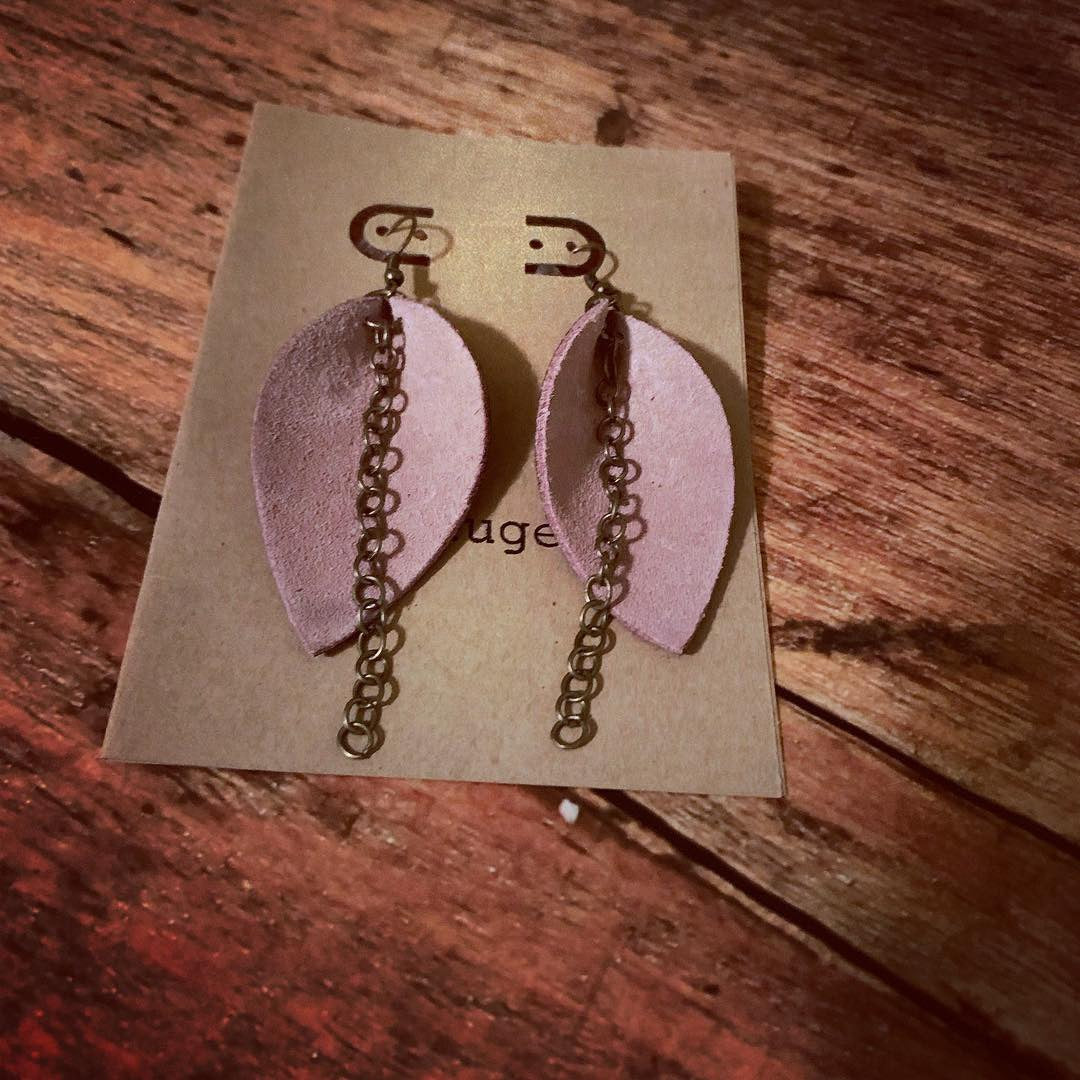 Inspired Pink Suede Drop Earrings with Brown Pebbled Backside - N.Kluger Designs Earrings