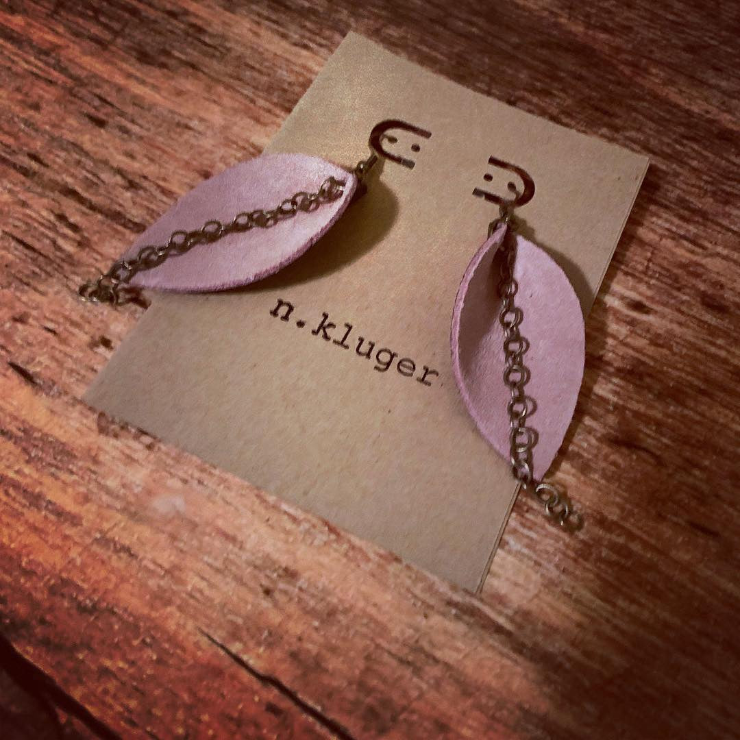 Inspired Pink Suede Drop Earrings with Brown Pebbled Backside - N.Kluger Designs Earrings