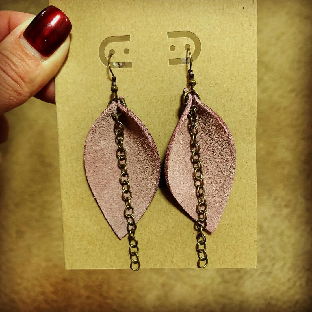 Inspired Pink Suede Drop Earrings with Brown Pebbled Backside - N.Kluger Designs Earrings