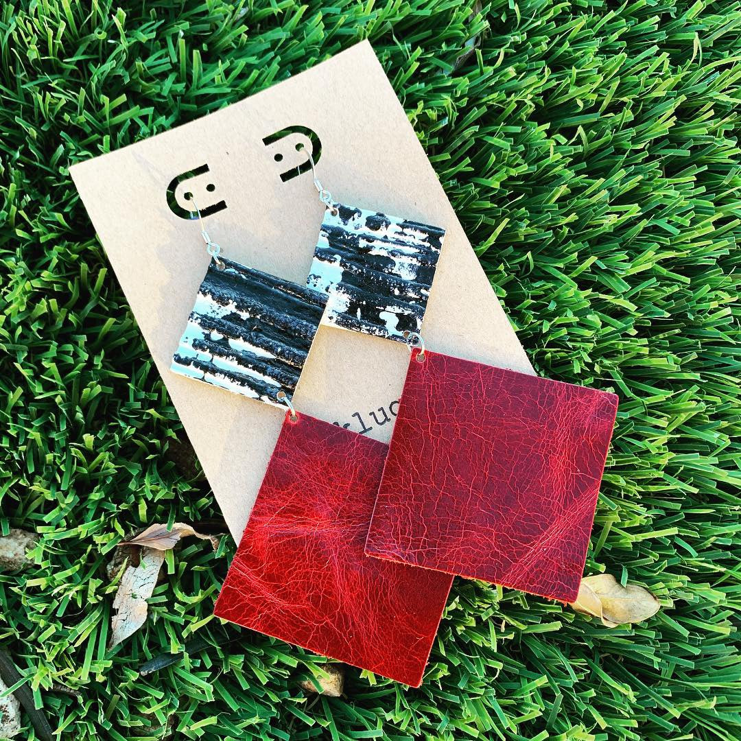 Red & Zebra Double Square Dangling Drop Leather Earrings