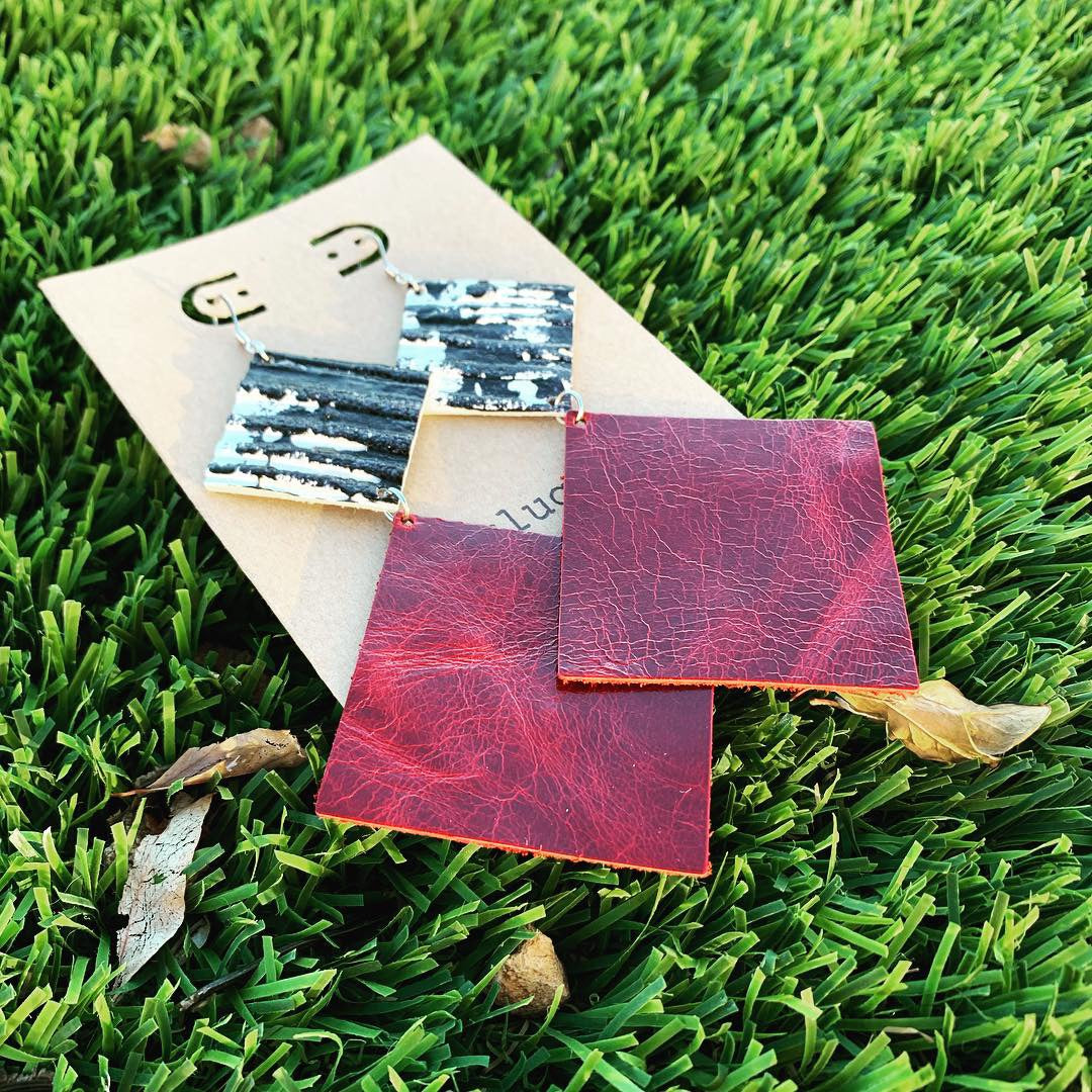 Red & Zebra Double Square Dangling Drop Leather Earrings