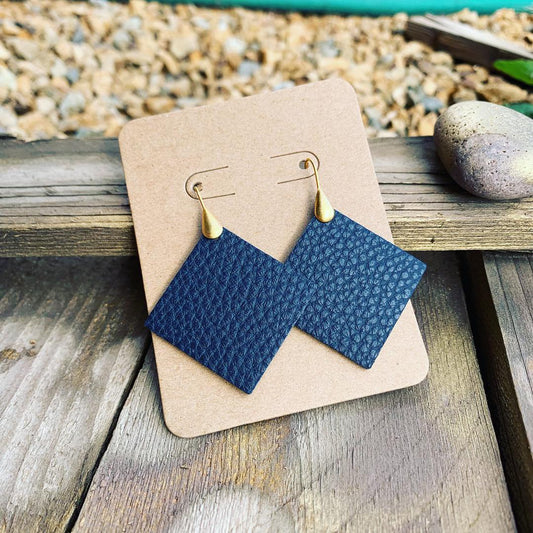 Navy Blue Pebbled Leather Drop Earrings with Teal Backside