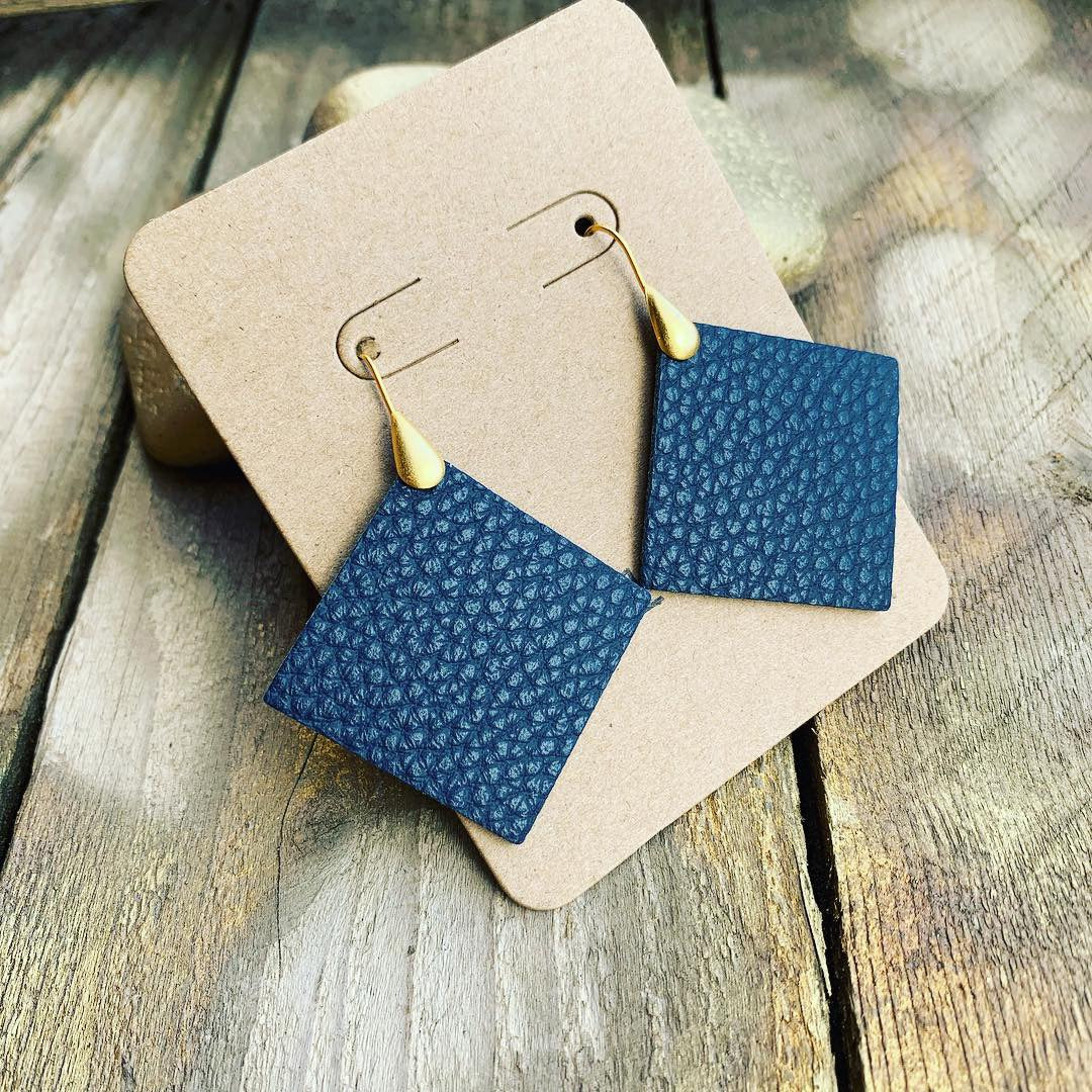 Navy Blue Pebbled Leather Drop Earrings with Teal Backside