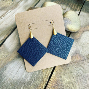 Navy Blue Pebbled Leather Drop Earrings with Teal Backside
