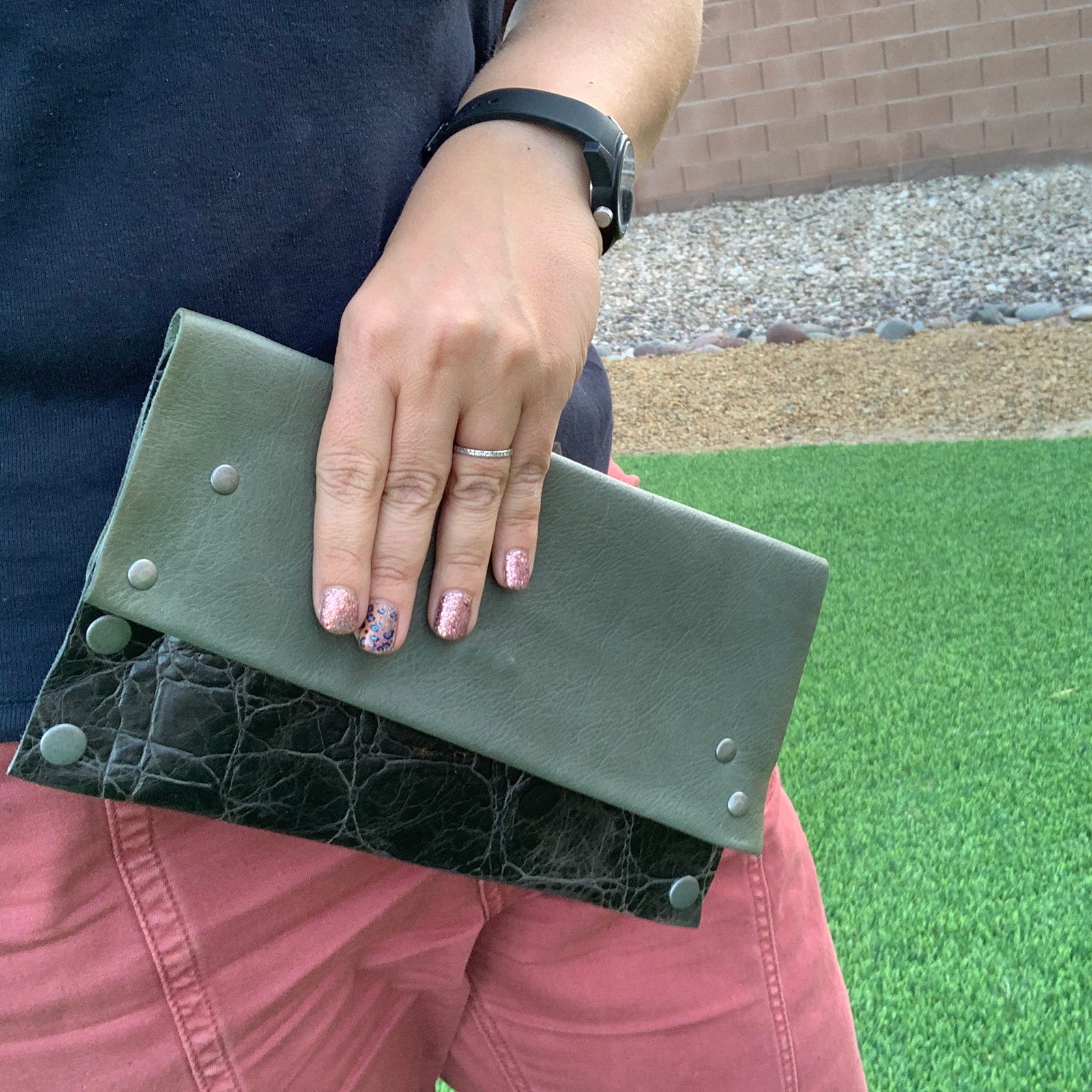 Handmade Textured Two-Tone Leather Clutch/Wristlet