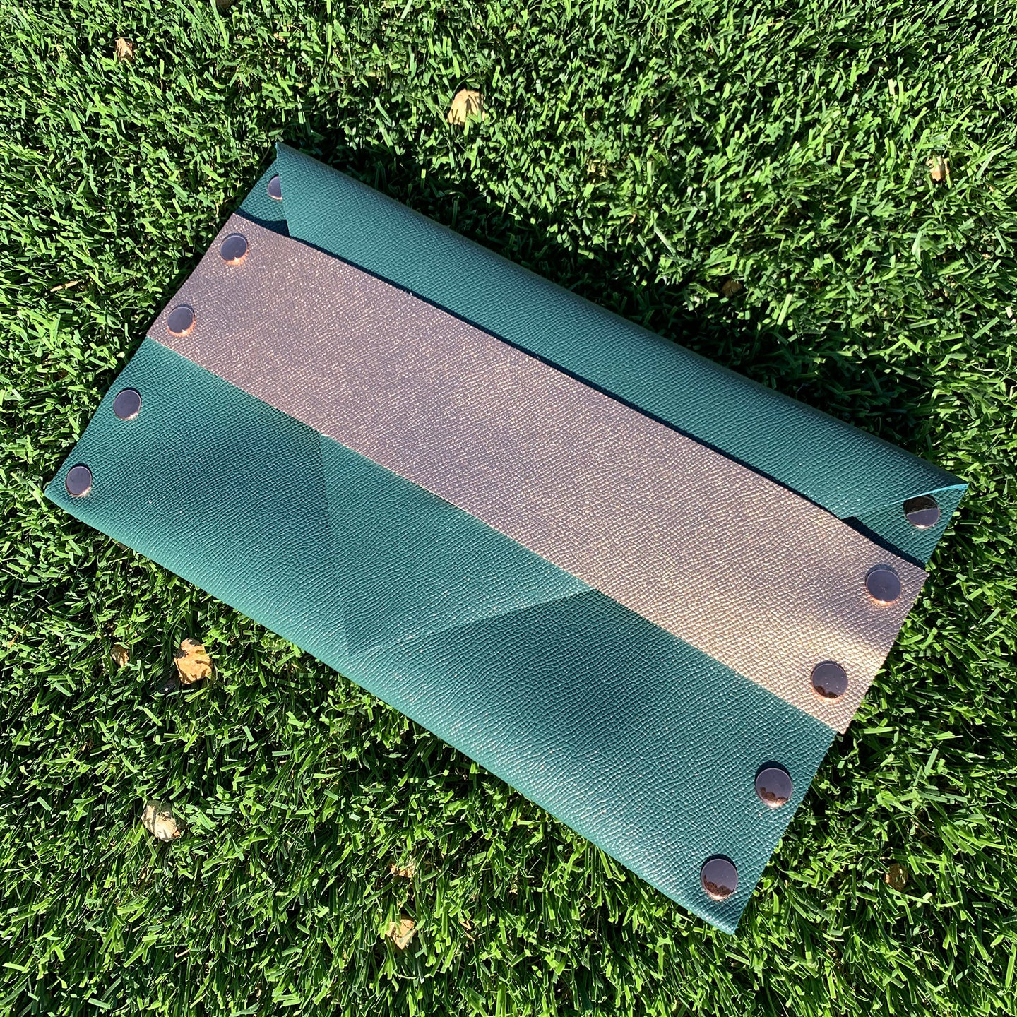 Metallic Teal Leather Envelope Clutch with Rose Gold Strap