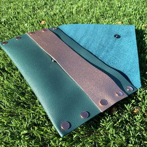Metallic Teal Leather Envelope Clutch with Rose Gold Strap