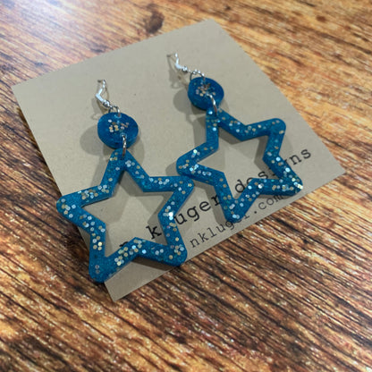 Teal Green Glitter Star Resin Dangling Earrings