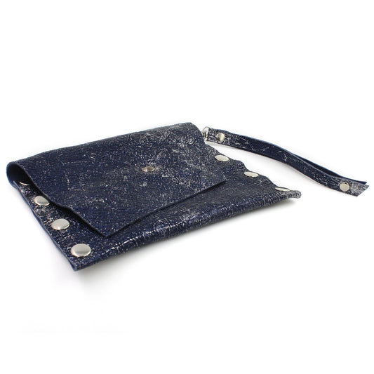 Midnight Blue & Silver Foil Leather Clutch Wristlet