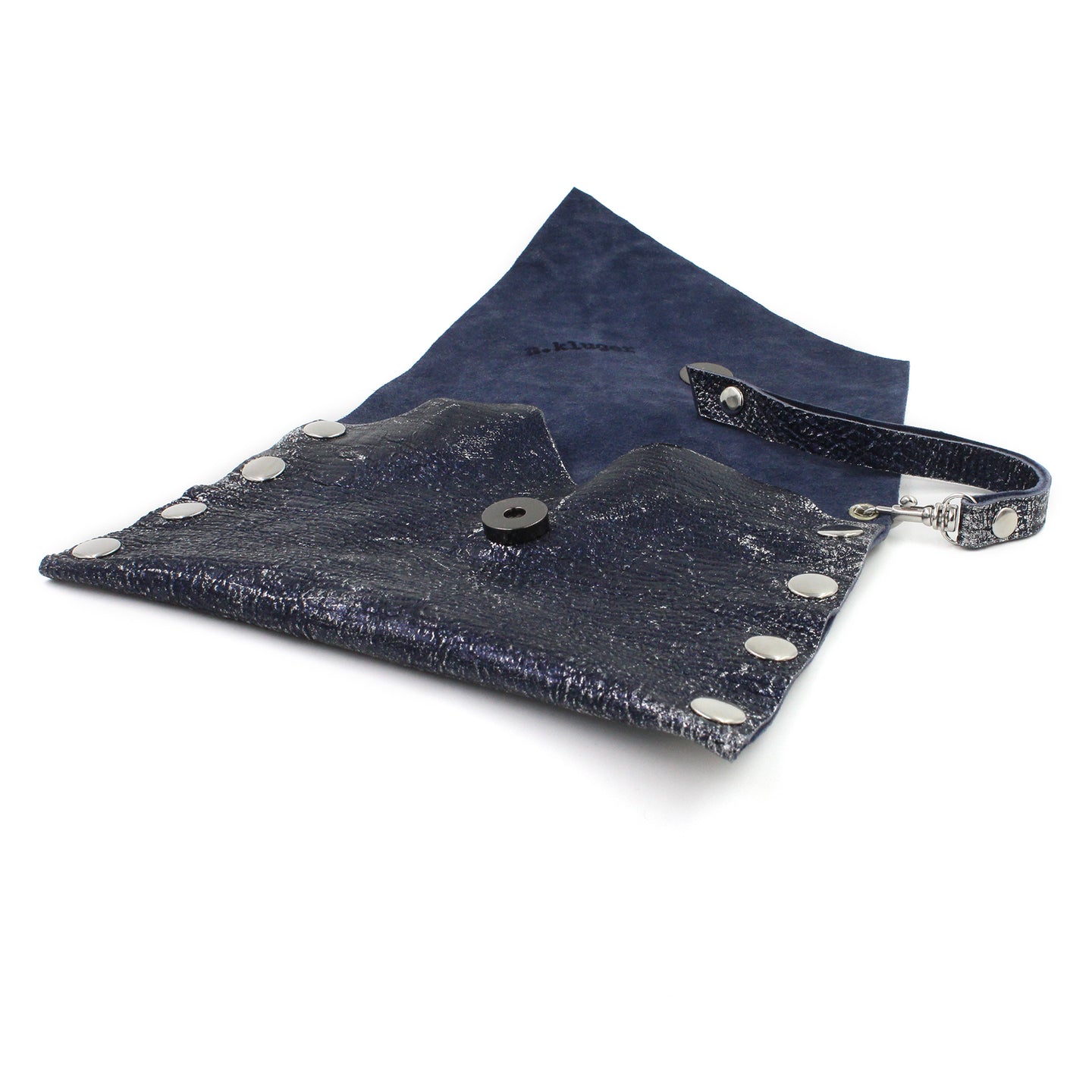 Midnight Blue & Silver Foil Leather Clutch Wristlet
